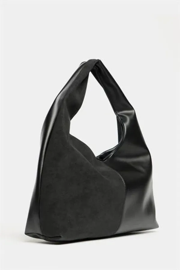 Sac cabas à bandoulière contrasté en daim noir et cuir synthétique pour femme - Modèle vintage souple