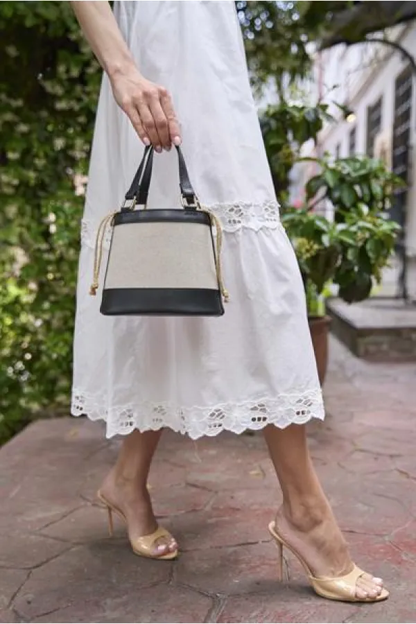 Sac à main seau et sac à bandoulière style bohème en toile - Noir