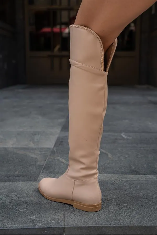 Bottes longues en cuir et vison pour femme avec détails en pierre