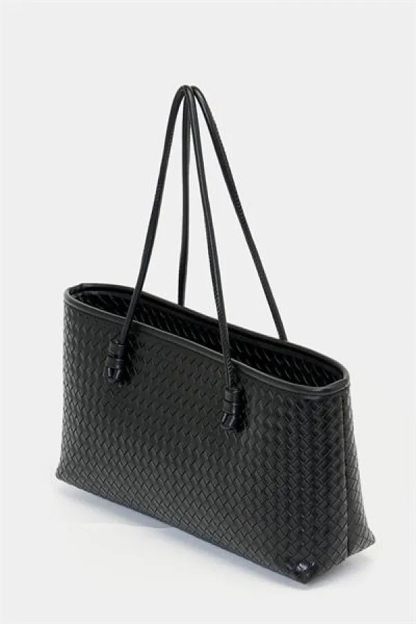 Sac à main et à bandoulière en cuir PU à motifs tricotés – Élégant format large noir Sac à main et à bandoulière en cuir PU à motifs tricotés – Élégant format large noir