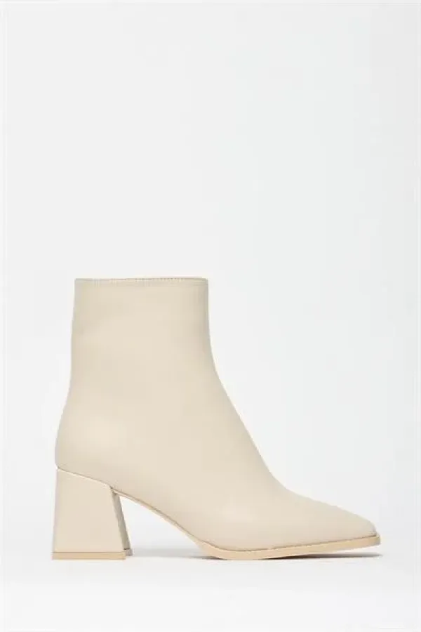 Bottes et bottines beiges pour femmes, bout rond, talons contrastés, cuir PU, fermeture éclair, élégantes