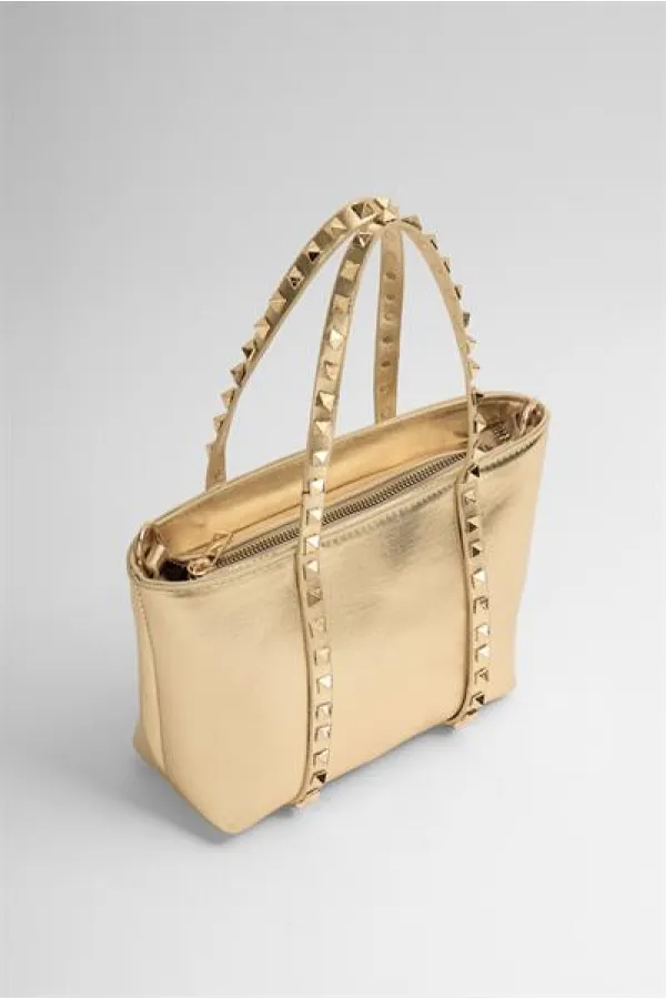 Gold Women's Small Size Stud Detailed PU Leather Buckle Hand and Shoulder Bag
