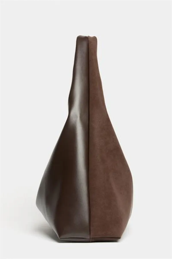 Sac cabas à bandoulière contrasté en daim marron et cuir synthétique pour femme - Modèle vintage souple