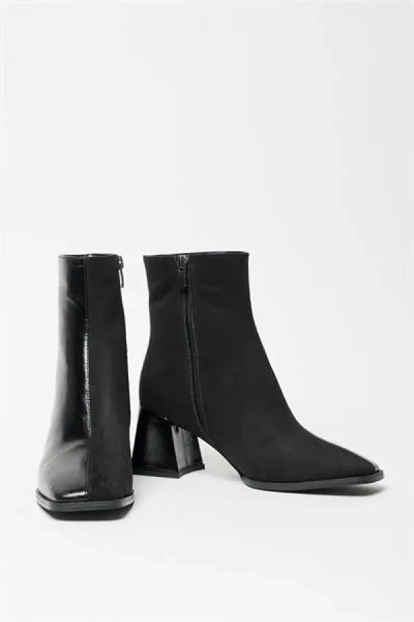 Bottes et bottines en daim verni noir pour femmes, talons à bout arrondi, cuir PU contrasté, fermeture éclair élégante Bottes et bottines en daim verni noir pour femmes, talons à bout arrondi, cuir PU contrasté, fermeture éclair élégante