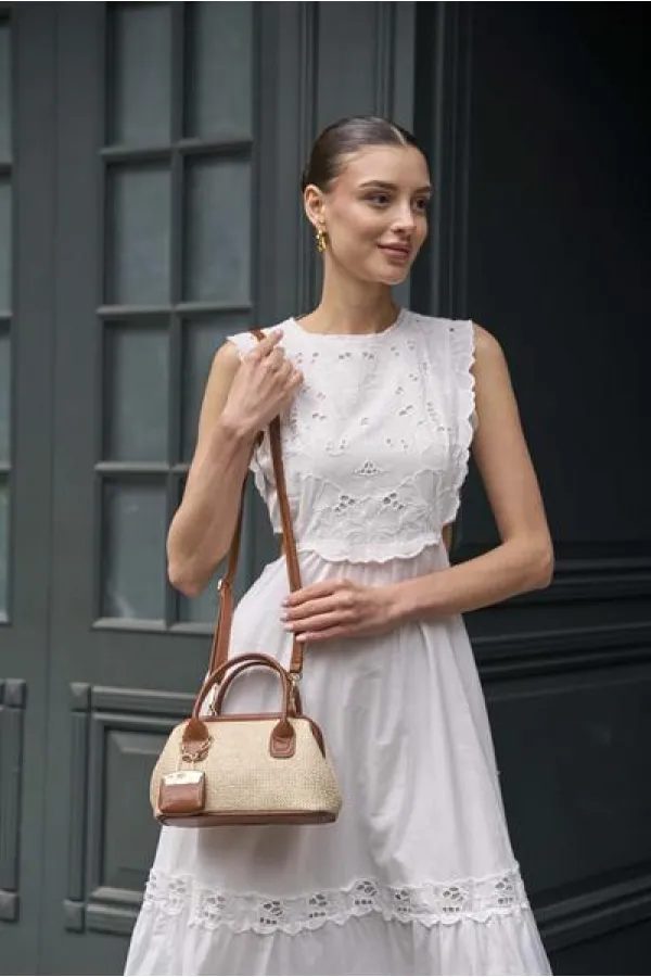 Mini sac à main texturé en osier beige
