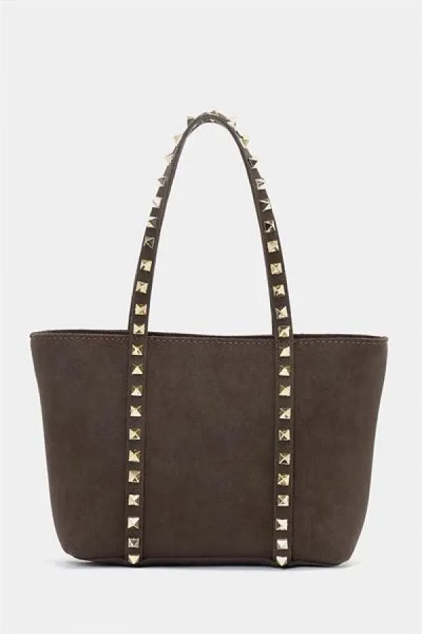 Petit sac à main et à bandoulière en cuir PU avec boucle et détails cloutés en daim marron