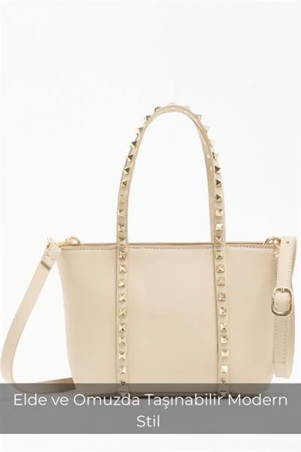 Cream Women's Small Size Stud Detailed PU Leather Buckle Hand and Shoulder Bag
