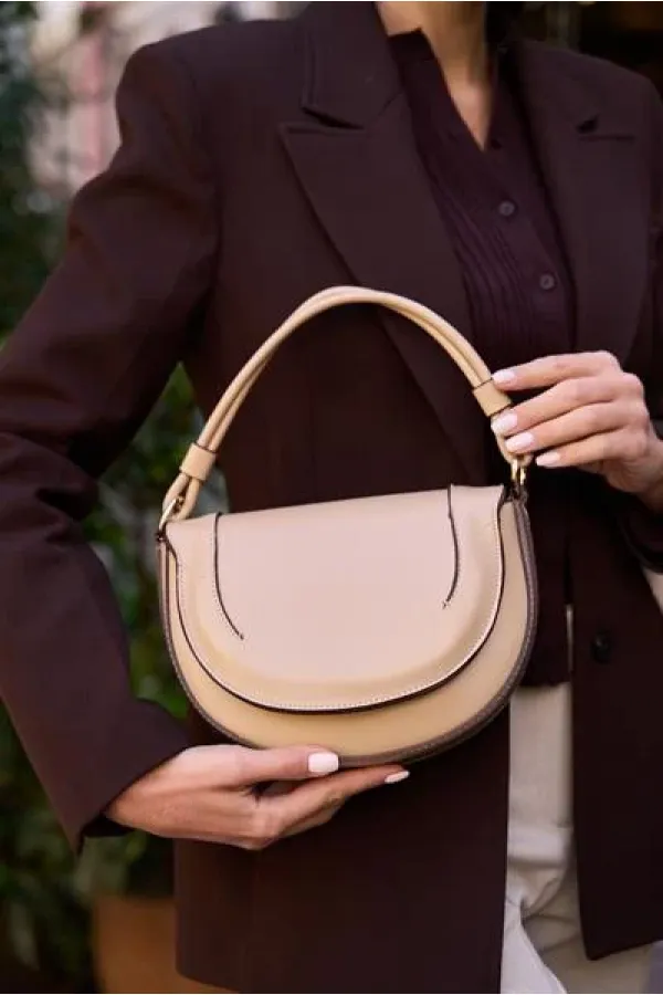 Contrast Stitched Crossbody Handbag and Shoulder Bag in Mink Contrast Stitched Crossbody Handbag and Shoulder Bag in Mink