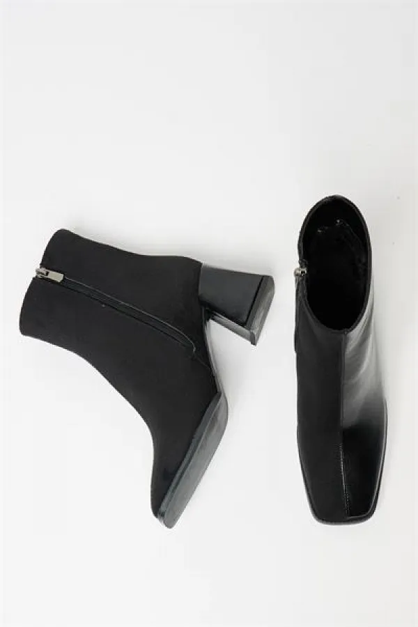 Bottes et bottines en daim verni noir pour femmes, talons à bout arrondi, cuir PU contrasté, fermeture éclair élégante Bottes et bottines en daim verni noir pour femmes, talons à bout arrondi, cuir PU contrasté, fermeture éclair élégante
