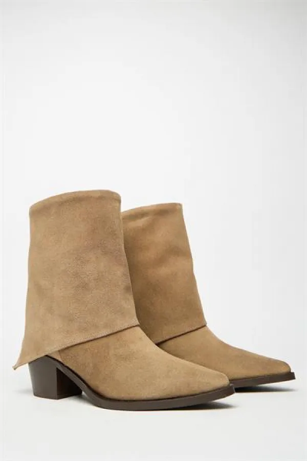 Bottes western à talons en daim camel véritable pour femme – Bout pointu et fermeture éclair