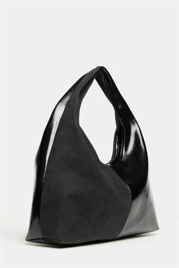 Sac cabas à bandoulière pour femme en daim noir et cuir verni contrasté - Modèle vintage souple