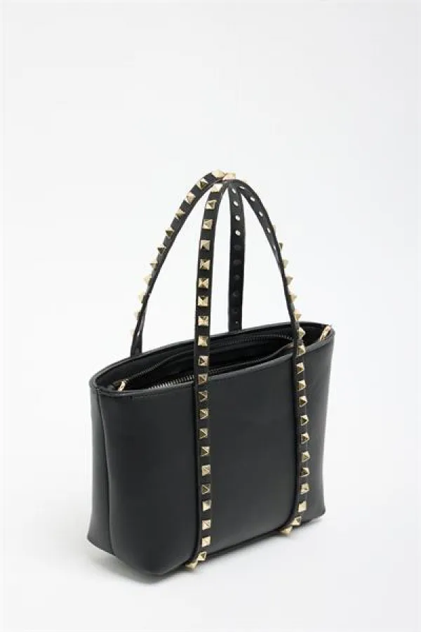 Sac à main et à bandoulière en cuir PU noir pour femme, petit format, avec boucle et détails cloutés Sac à main et à bandoulière en cuir PU noir pour femme, petit format, avec boucle et détails cloutés