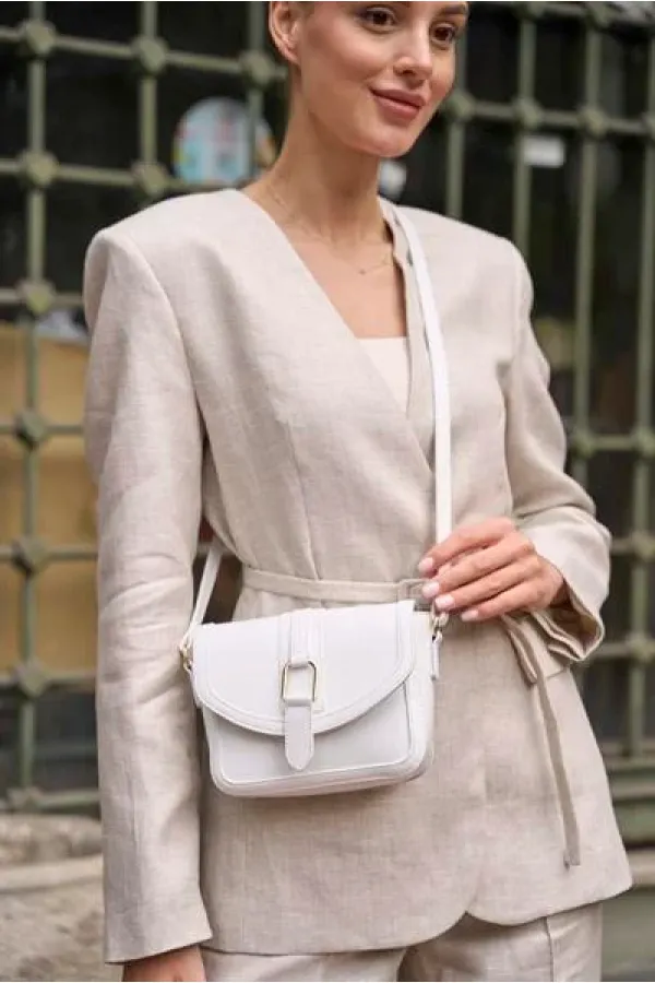 Buckled Leather Look Mini Hand and Shoulder Bag White Buckled Leather Look Mini Hand and Shoulder Bag White