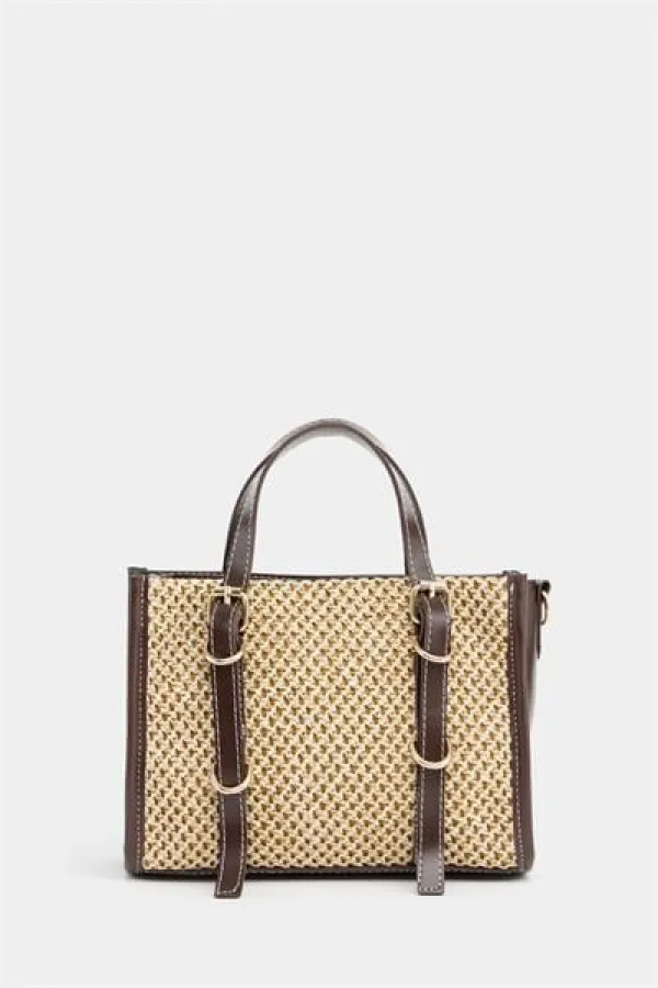 Sac à main et bandoulière style bohème en cuir et paille tricotée pour femme, marron
