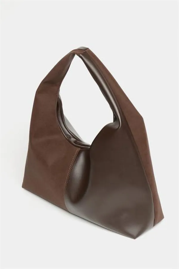 Sac cabas à bandoulière contrasté en daim marron et cuir synthétique pour femme - Modèle vintage souple