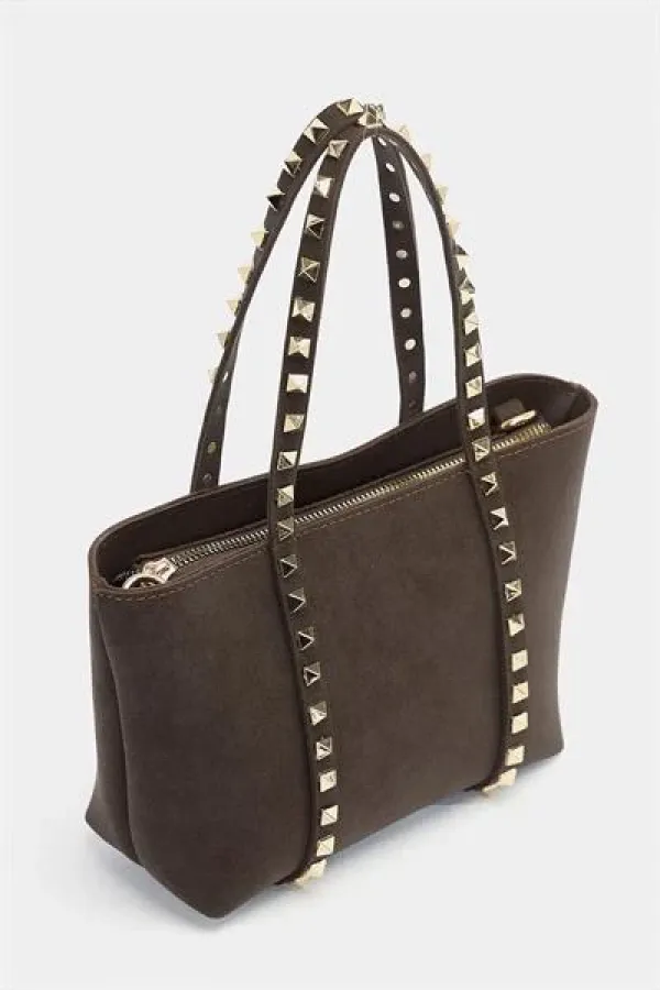 Petit sac à main et à bandoulière en cuir PU avec boucle et détails cloutés en daim marron