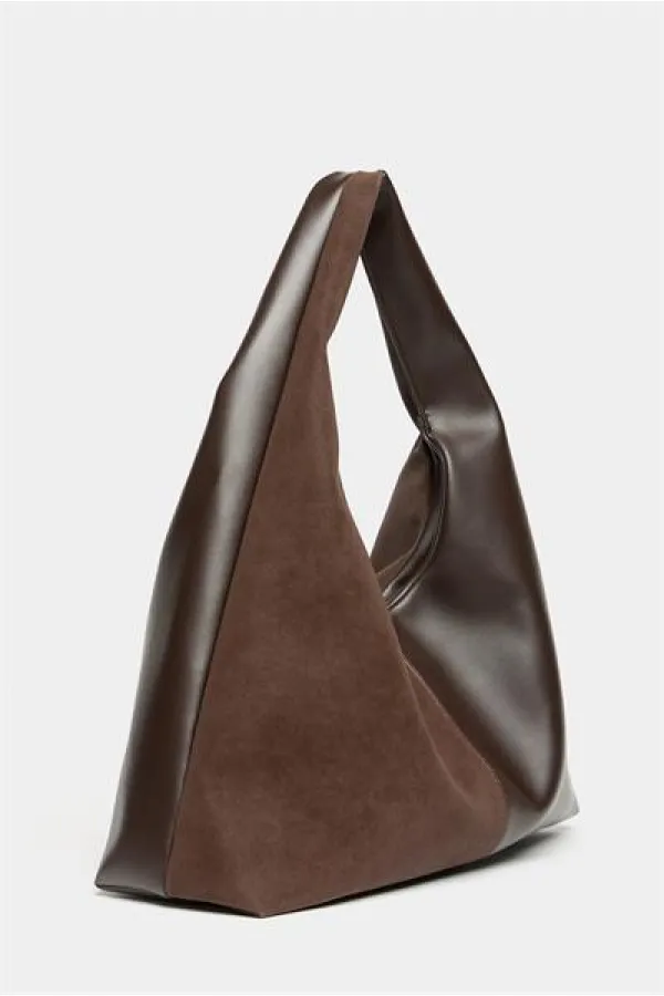 Sac cabas à bandoulière contrasté en daim marron et cuir synthétique pour femme - Modèle vintage souple