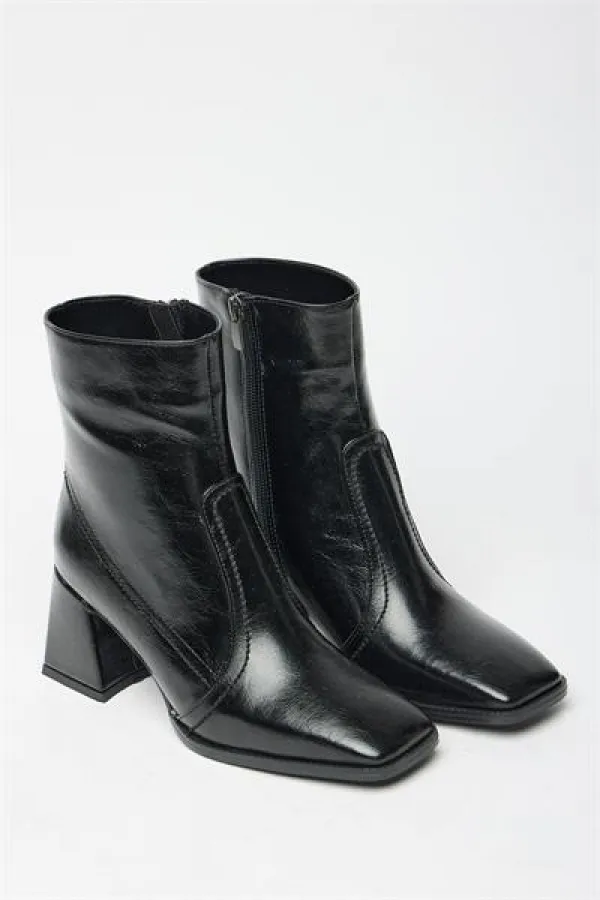 Bottes et bottines à talons plats en cuir verni noir pour femme – Fermeture éclair, style décontracté