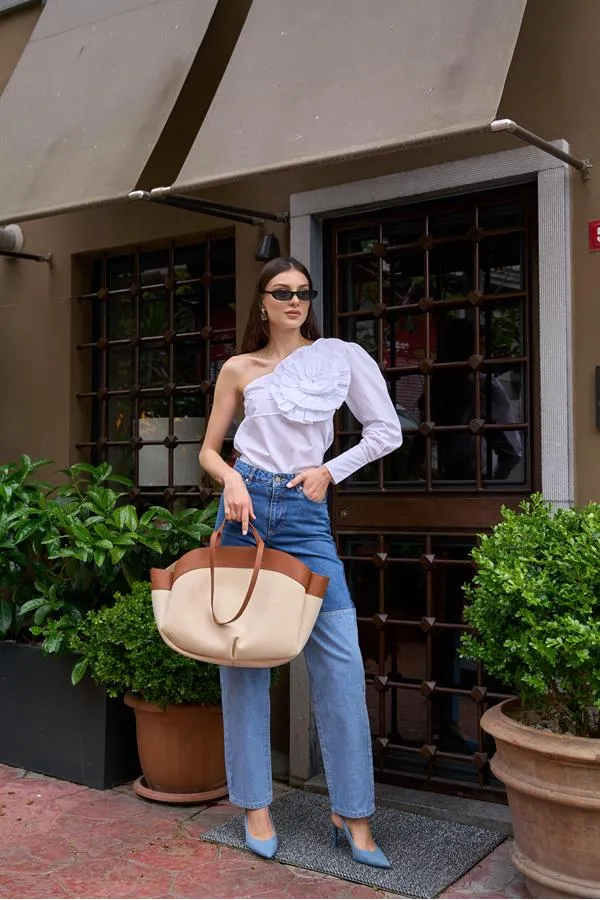 Sac fourre-tout contrasté beige