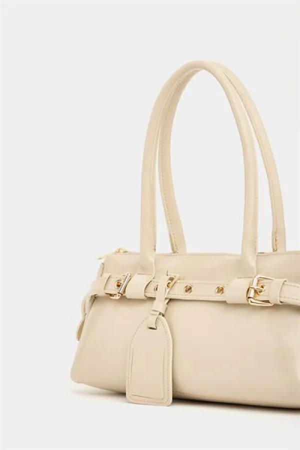 Sac à main et à bandoulière détaillé avec ceinture à double boucle, couleur vison