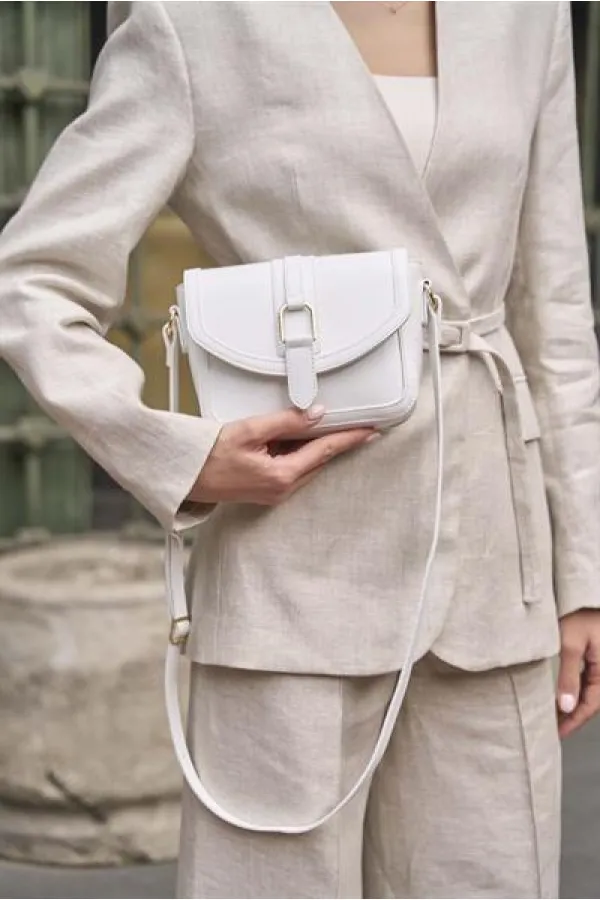 Buckled Leather Look Mini Hand and Shoulder Bag White Buckled Leather Look Mini Hand and Shoulder Bag White