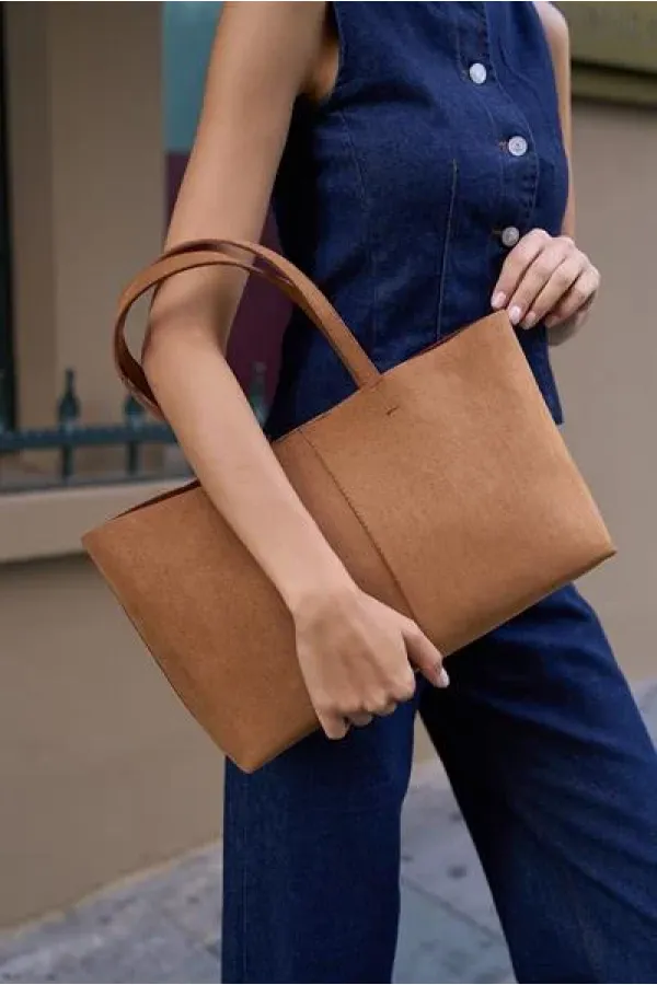 Minimal Tote El Ve Omuz Çantası Taba Süet
