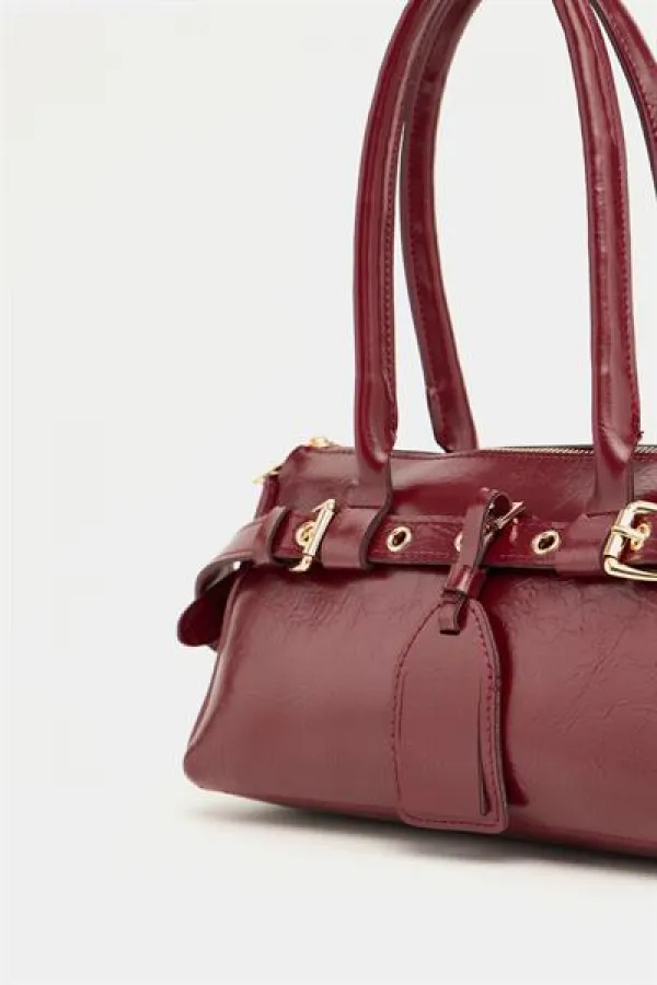 Double Buckle Belt Detailed Hand and Shoulder Bag, Claret Red