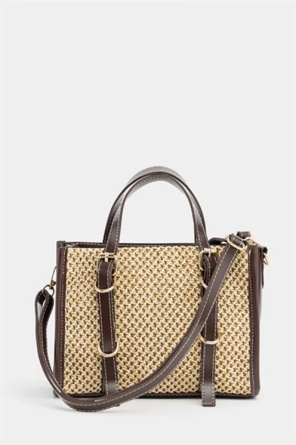 Sac à main et bandoulière style bohème en cuir et paille tricotée pour femme, marron