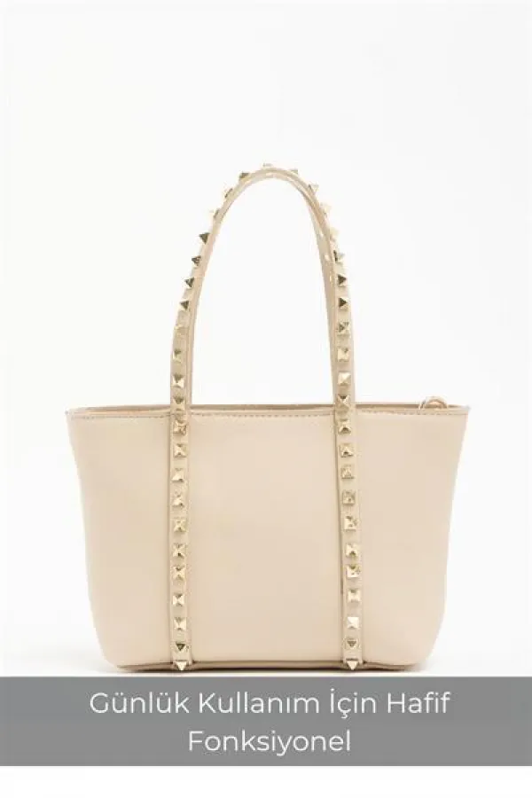 Cream Women's Small Size Stud Detailed PU Leather Buckle Hand and Shoulder Bag