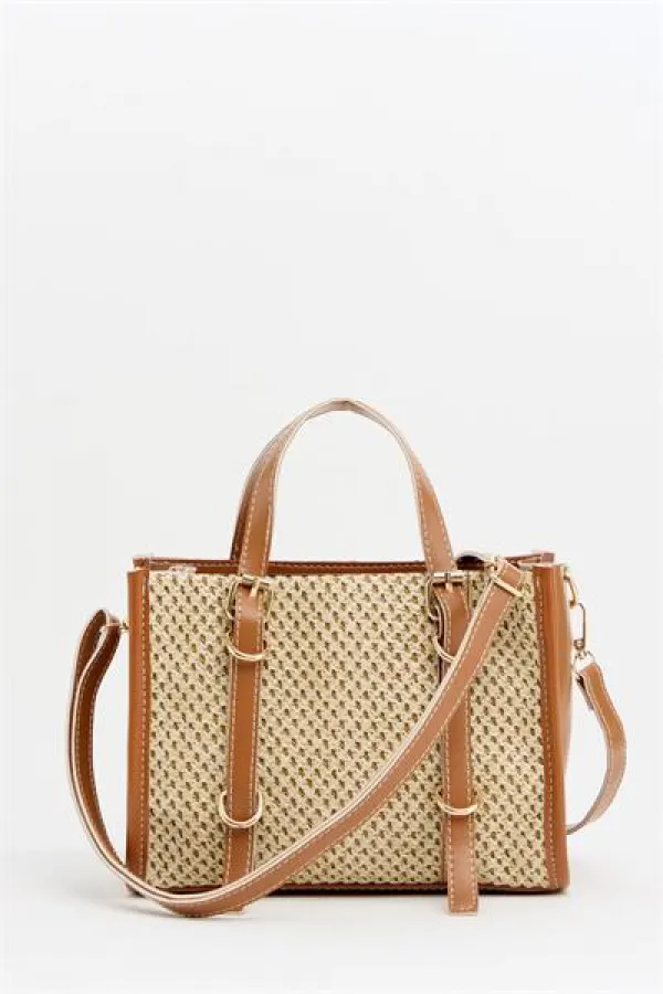 Sac à main et bandoulière style bohème en cuir et paille tricotée pour femme, couleur beige