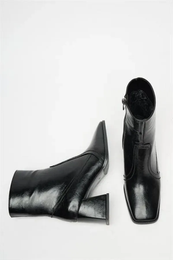 Bottes et bottines à talons plats en cuir verni noir pour femme – Fermeture éclair, style décontracté