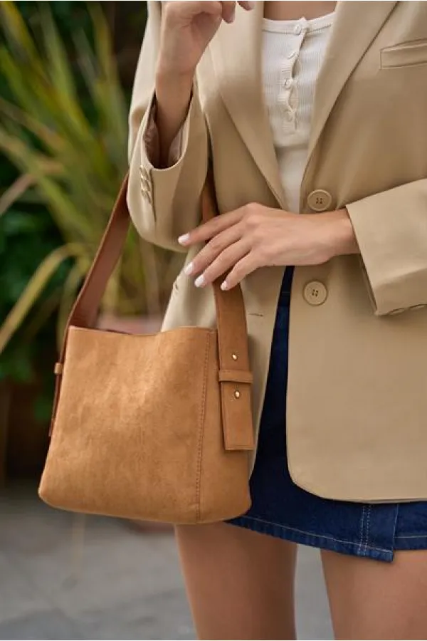 Shopper Yumuşak Deri Ayarlanabilir Askılı Omuz Çantası Taba Süet
