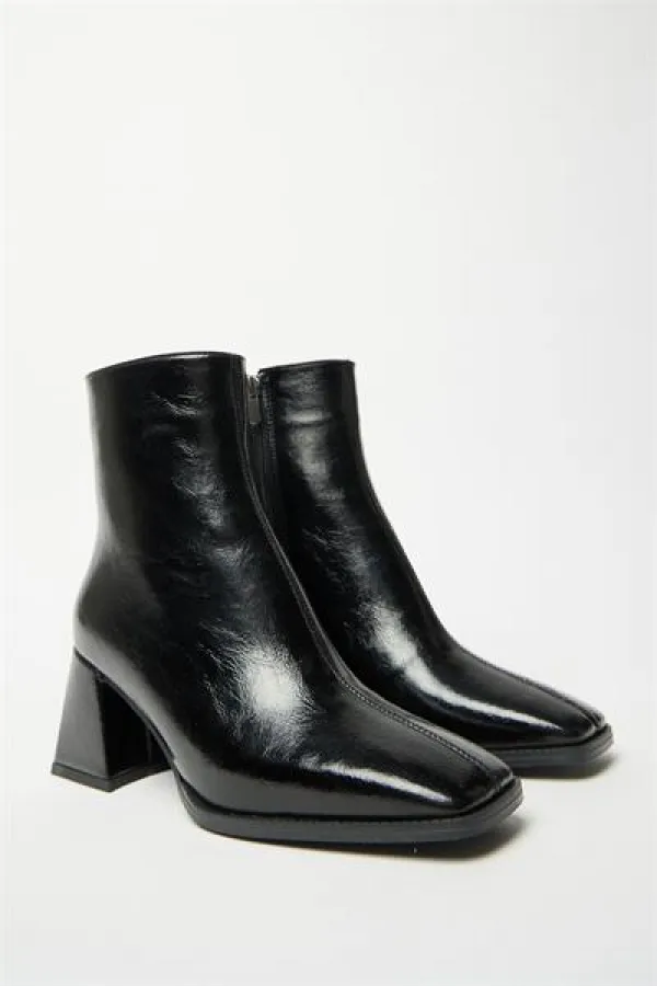Bottes et bottines en cuir verni noir pour femmes, bout arrondi, talon contrasté, cuir PU, fermeture éclair, élégantes