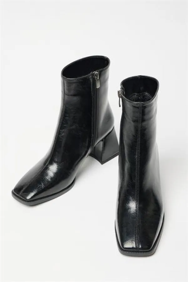 Bottes et bottines en cuir verni noir pour femmes, bout arrondi, talon contrasté, cuir PU, fermeture éclair, élégantes