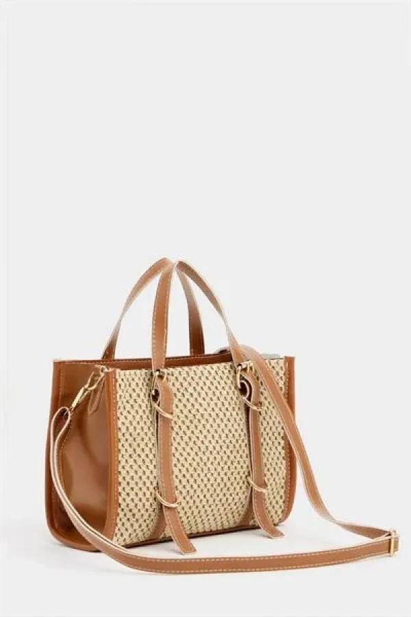 Sac à main et bandoulière style bohème en cuir et paille tricotée pour femme, couleur beige