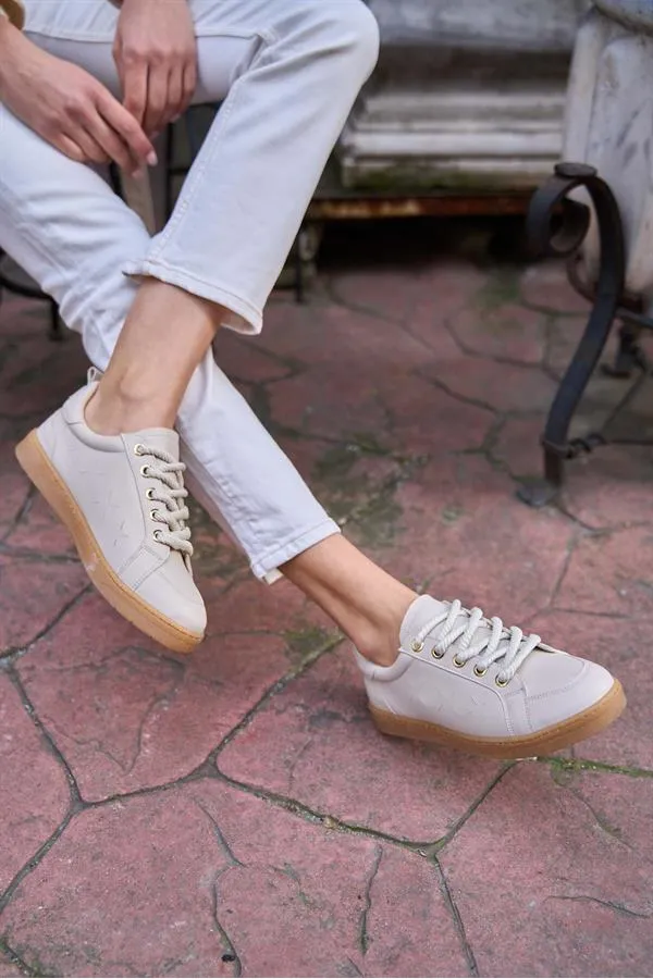 Baskets épaisses à lacets aspect cuir beige