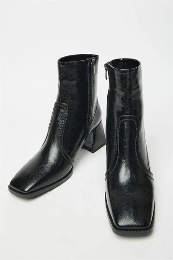 Bottes et bottines à talons plats en cuir verni noir pour femme – Fermeture éclair, style décontracté
