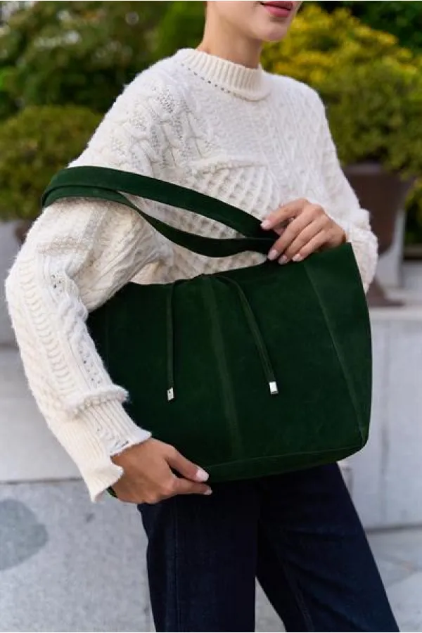 Sac à main et à bandoulière en daim souple avec détails en dentelle et daim vert