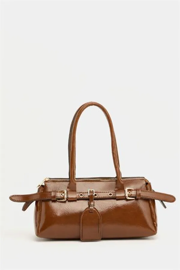 Double Buckle Belt Detailed Hand and Shoulder Bag Tan