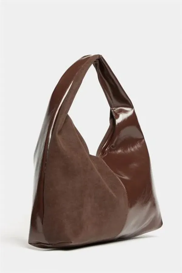 Sac cabas à bandoulière pour femme en daim marron et cuir verni contrasté - Modèle vintage souple
