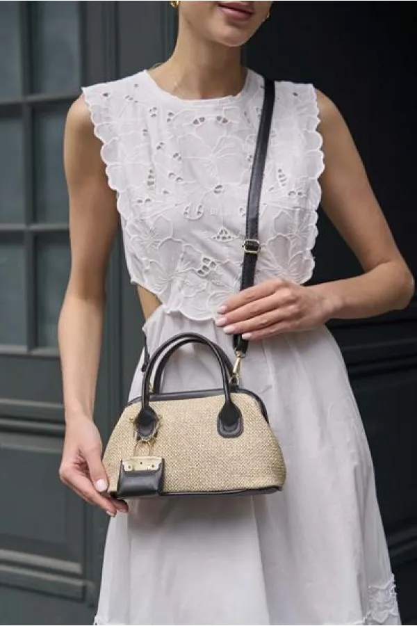 Mini sac à main texturé en osier noir