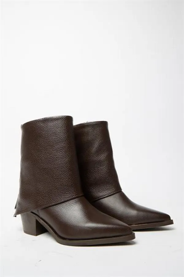 Bottes western à talons en cuir véritable marron pour femme – Bout pointu et fermeture éclair