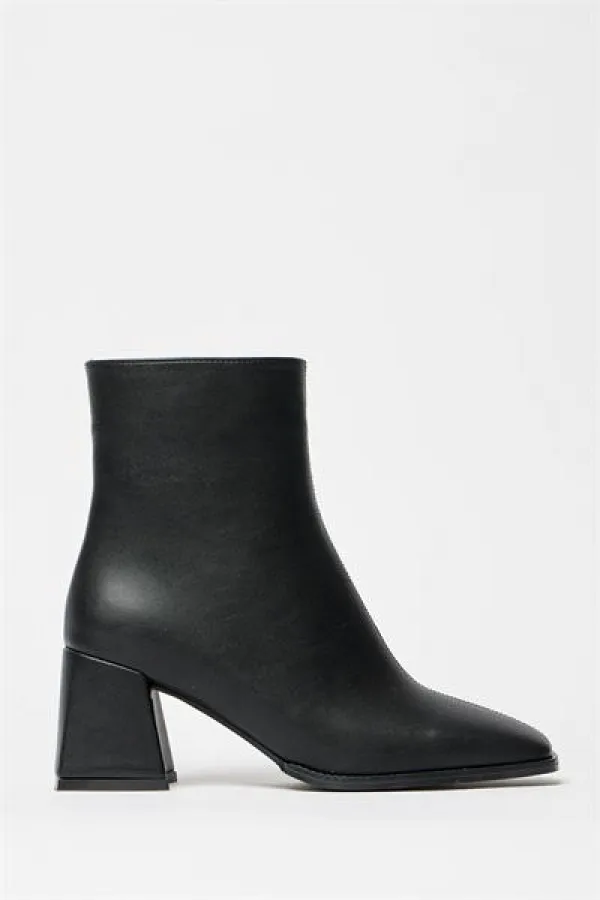 Bottes et bottines noires pour femmes, bout rond, talon contrasté, cuir PU, fermeture éclair, élégantes