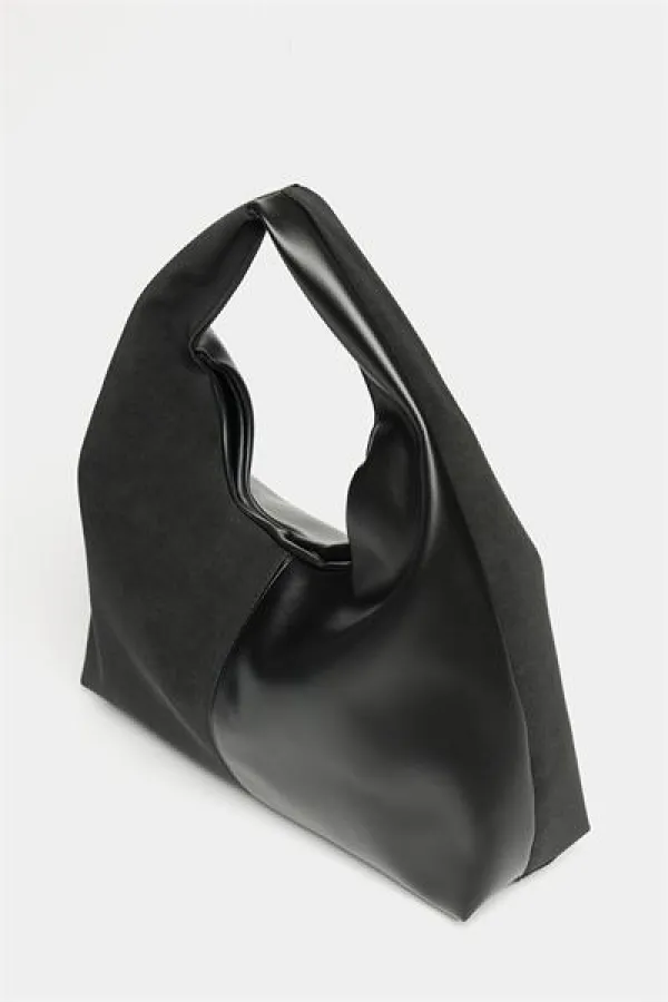 Sac cabas à bandoulière contrasté en daim noir et cuir synthétique pour femme - Modèle vintage souple