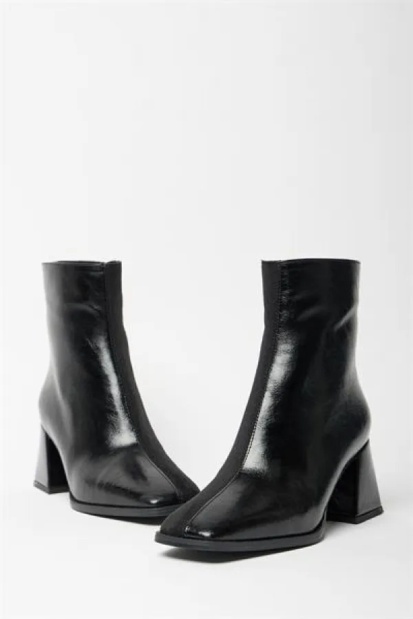 Bottes et bottines en daim verni noir pour femmes, talons à bout arrondi, cuir PU contrasté, fermeture éclair élégante Bottes et bottines en daim verni noir pour femmes, talons à bout arrondi, cuir PU contrasté, fermeture éclair élégante