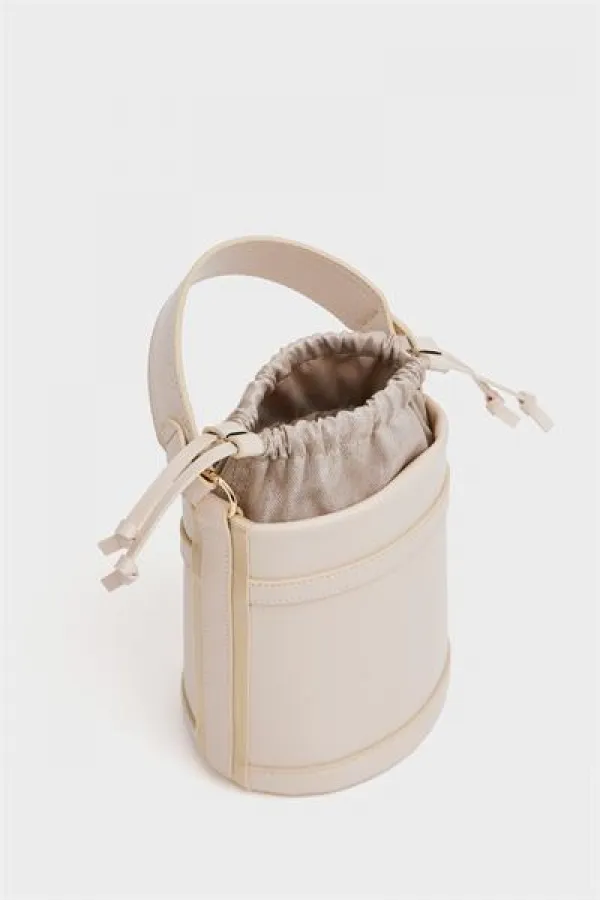 Contrast Stitched Bucket Hand and Shoulder Bag Beige Contrast Stitched Bucket Hand and Shoulder Bag Beige