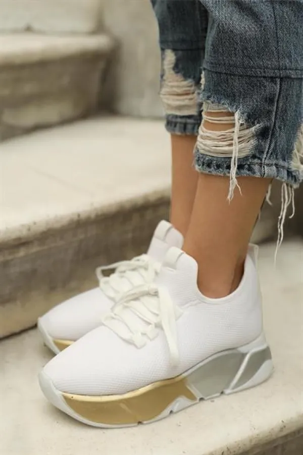 Baskets en maille à détails en dentelle et baskets décontractées Blanc-Platine