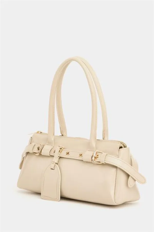 Sac à main et à bandoulière détaillé avec ceinture à double boucle, couleur vison