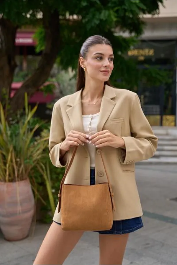 Shopper Yumuşak Deri Ayarlanabilir Askılı Omuz Çantası Taba Süet