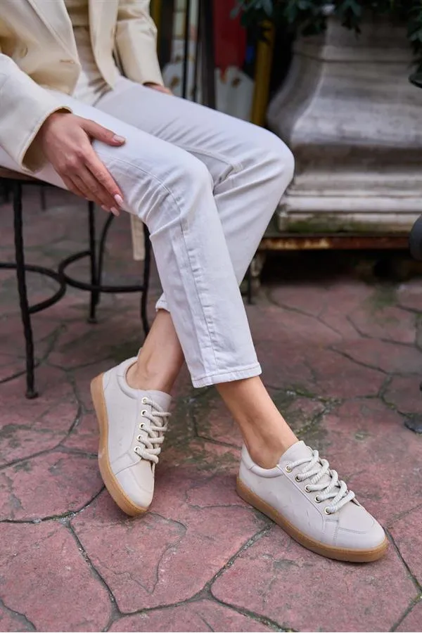 Baskets épaisses à lacets aspect cuir beige